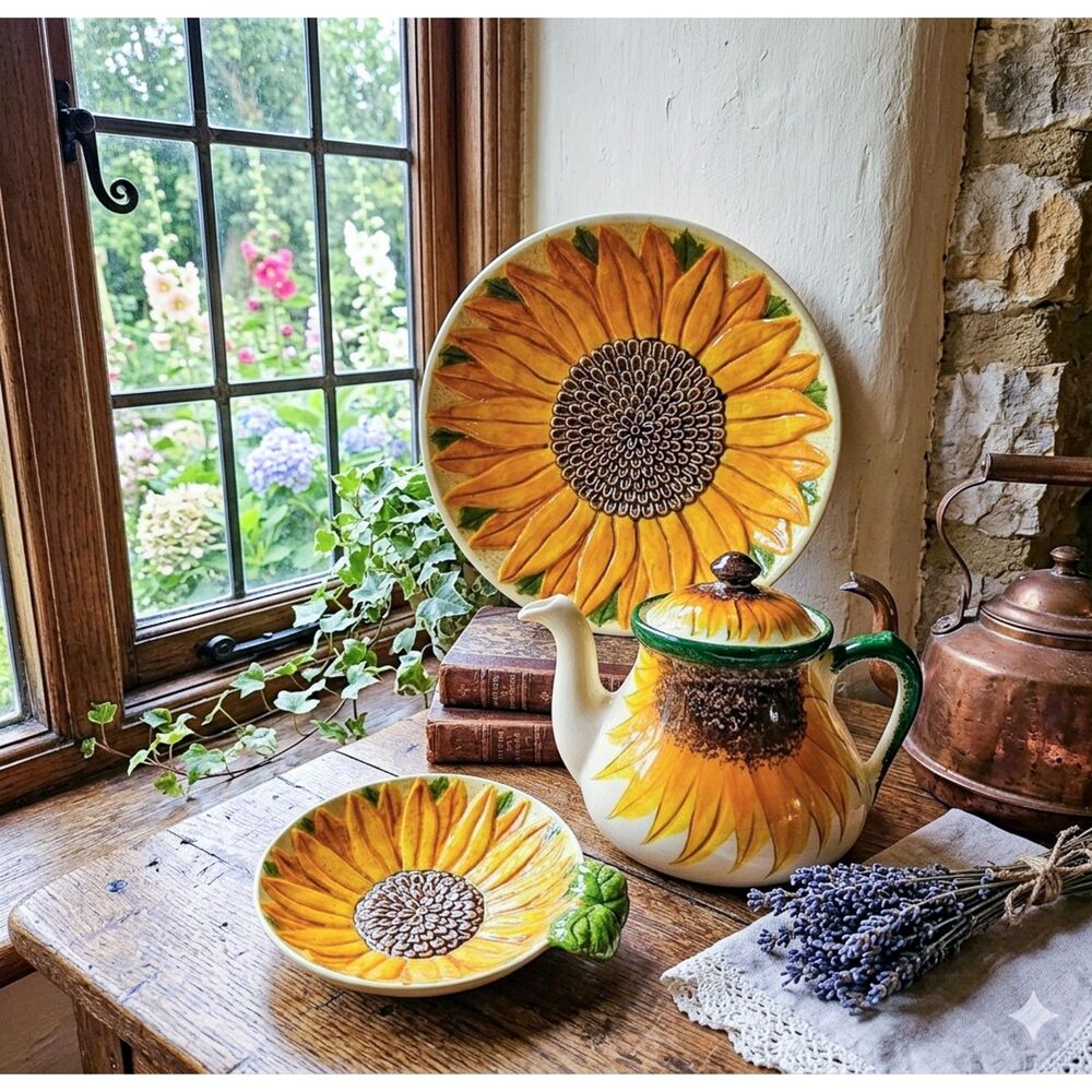 Vintage Vicky Wesley Signed Numbered Sunflower Teapot Bowl Cup Set